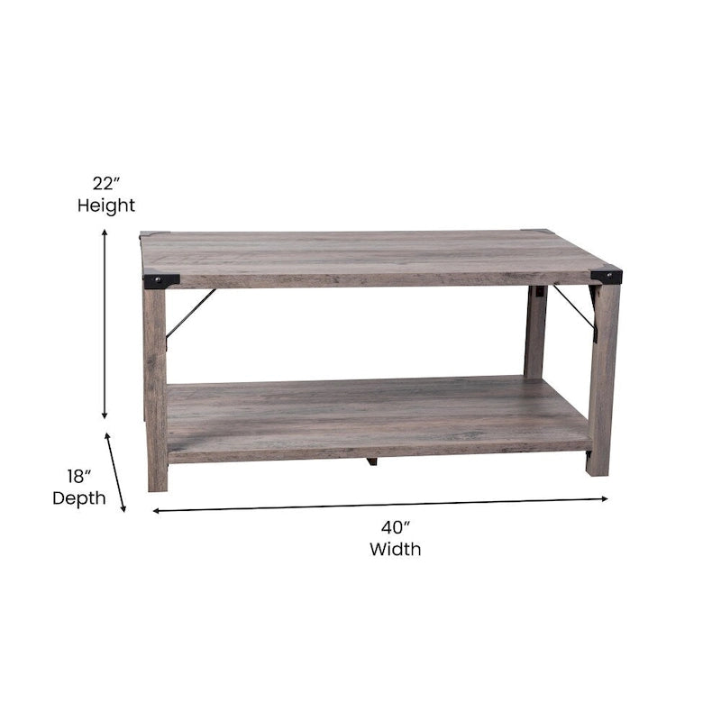 Table basse de ferme à 2 niveaux en chêne rustique / gris délavé / gris tremble avec croisillons et capuchons d'angle métalliques
