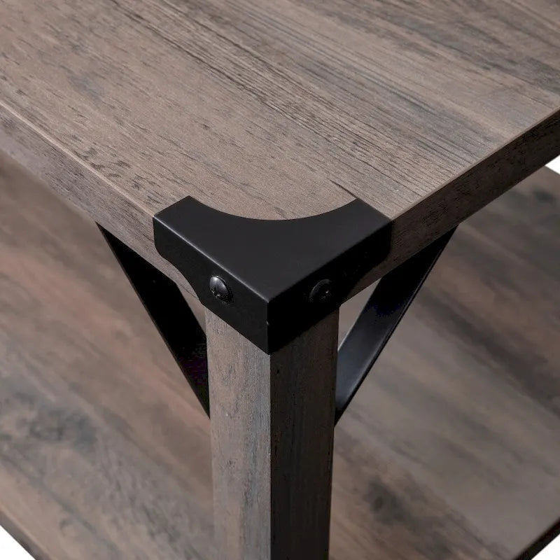 Table basse de ferme à 2 niveaux en chêne rustique / gris délavé / gris tremble avec croisillons et capuchons d'angle métalliques