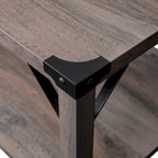 Table basse de ferme à 2 niveaux en chêne rustique / gris délavé / gris tremble avec croisillons et capuchons d'angle métalliques