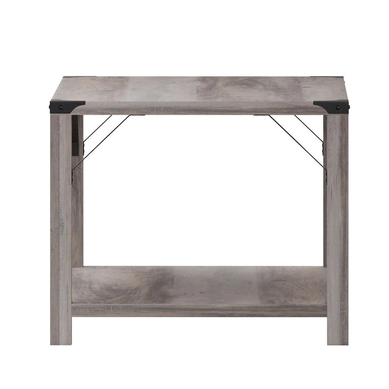 Table basse de ferme à 2 niveaux en chêne rustique / gris délavé / gris tremble avec croisillons et capuchons d'angle métalliques