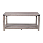 Table basse de ferme à 2 niveaux en chêne rustique / gris délavé / gris tremble avec croisillons et capuchons d'angle métalliques