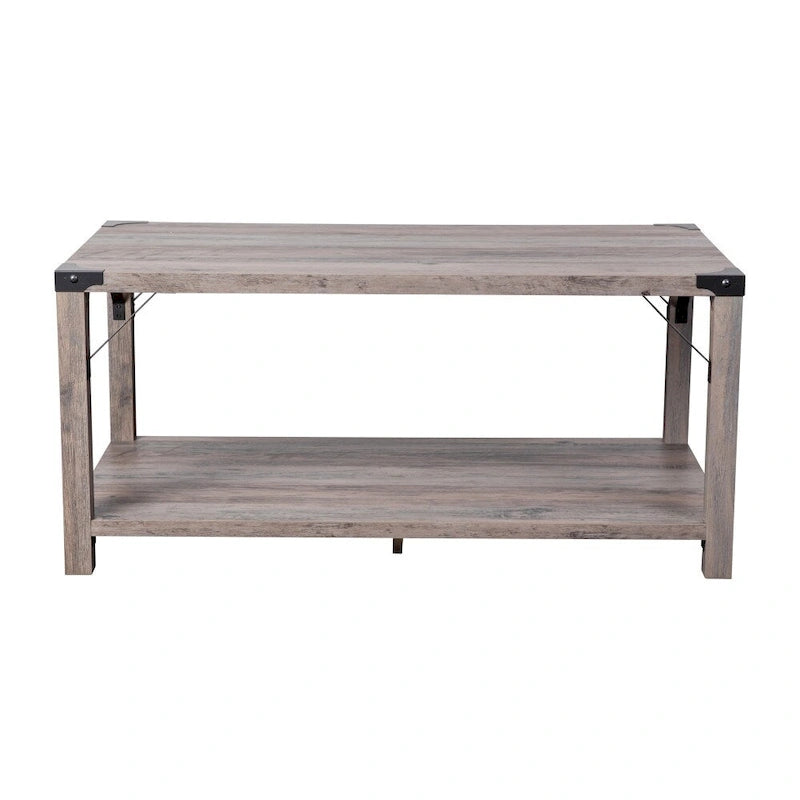 Table basse de ferme à 2 niveaux en chêne rustique / gris délavé / gris tremble avec croisillons et capuchons d'angle métalliques