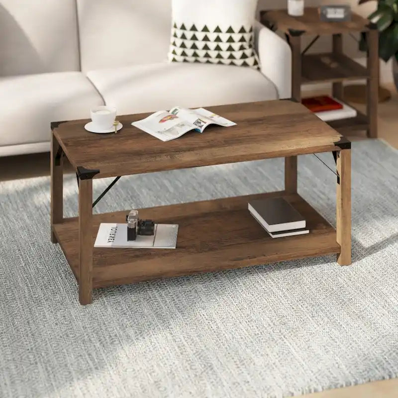 Table basse de ferme à 2 niveaux en chêne rustique / gris délavé / gris tremble avec croisillons et capuchons d'angle métalliques