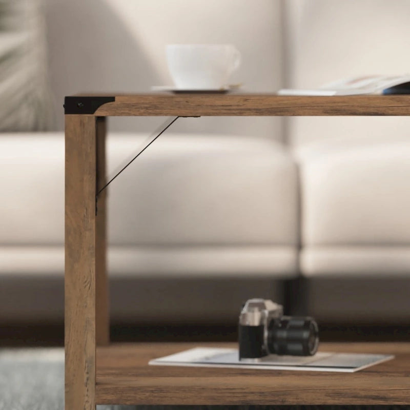 Table basse de ferme à 2 niveaux en chêne rustique / gris délavé / gris tremble avec croisillons et capuchons d'angle métalliques