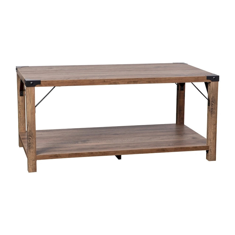 Table basse de ferme à 2 niveaux en chêne rustique / gris délavé / gris tremble avec croisillons et capuchons d'angle métalliques