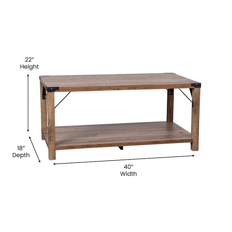 Table basse de ferme à 2 niveaux en chêne rustique / gris délavé / gris tremble avec croisillons et capuchons d'angle métalliques