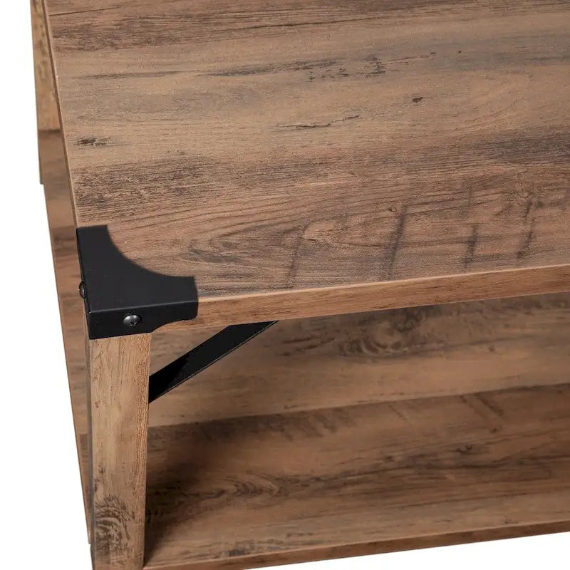 Table basse de ferme à 2 niveaux en chêne rustique / gris délavé / gris tremble avec croisillons et capuchons d'angle métalliques