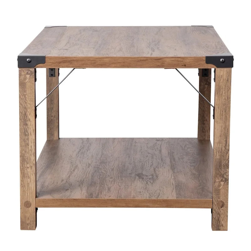 Table basse de ferme à 2 niveaux en chêne rustique / gris délavé / gris tremble avec croisillons et capuchons d'angle métalliques