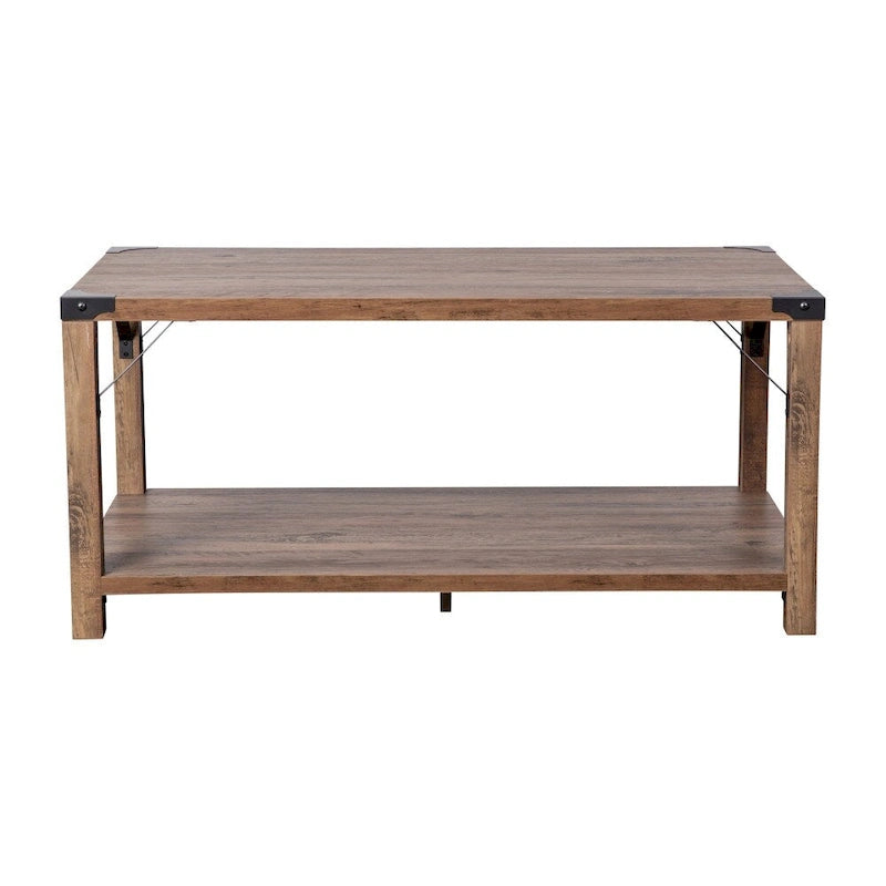 Table basse de ferme à 2 niveaux en chêne rustique / gris délavé / gris tremble avec croisillons et capuchons d'angle métalliques