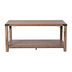 Table basse de ferme à 2 niveaux en chêne rustique / gris délavé / gris tremble avec croisillons et capuchons d'angle métalliques