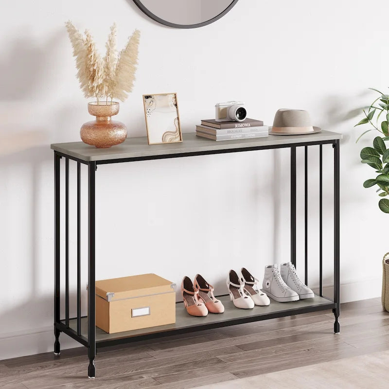 Console de style industriel rétro à 2 niveaux grise/marron/dorée avec structure en métal et étagère en bois