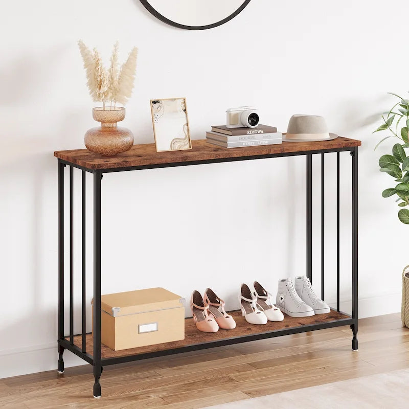 Console de style industriel rétro à 2 niveaux grise/marron/dorée avec structure en métal et étagère en bois