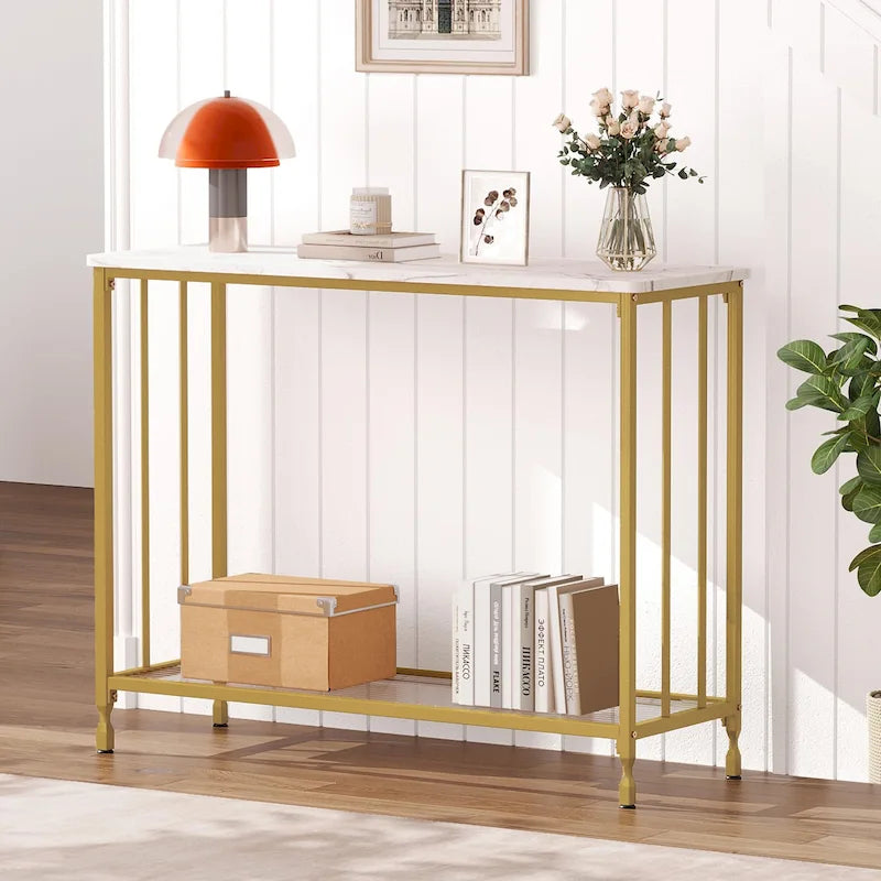 Console de style industriel rétro à 2 niveaux grise/marron/dorée avec structure en métal et étagère en bois