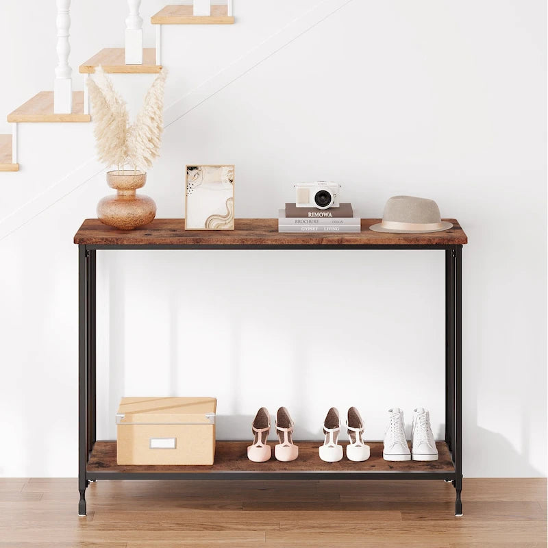 Console de style industriel rétro à 2 niveaux grise/marron/dorée avec structure en métal et étagère en bois