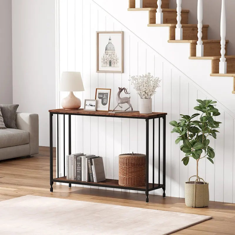 Console de style industriel rétro à 2 niveaux grise/marron/dorée avec structure en métal et étagère en bois