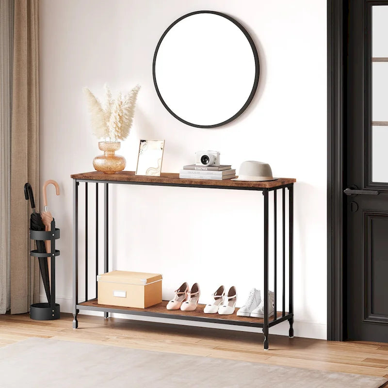 Console de style industriel rétro à 2 niveaux grise/marron/dorée avec structure en métal et étagère en bois