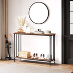 Console de style industriel rétro à 2 niveaux grise/marron/dorée avec structure en métal et étagère en bois