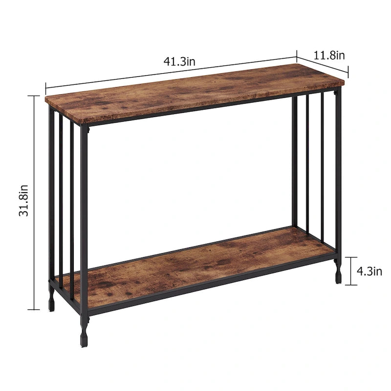 Console de style industriel rétro à 2 niveaux grise/marron/dorée avec structure en métal et étagère en bois