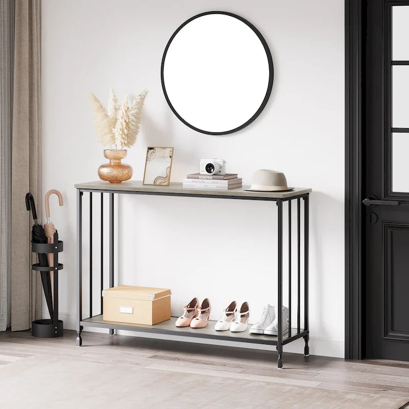 Console de style industriel rétro à 2 niveaux grise/marron/dorée avec structure en métal et étagère en bois