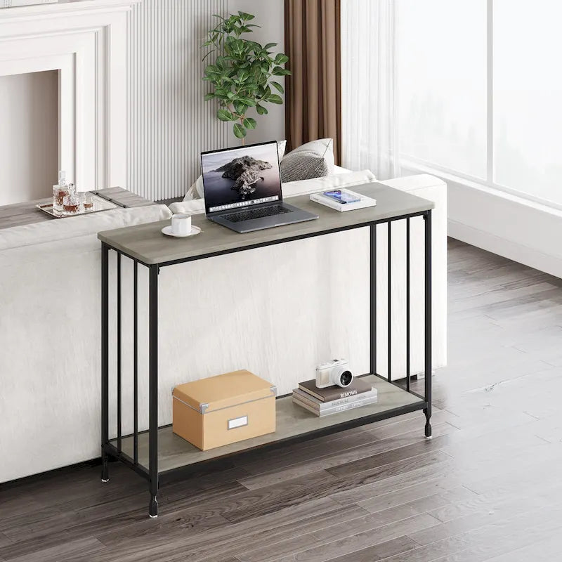 Console de style industriel rétro à 2 niveaux grise/marron/dorée avec structure en métal et étagère en bois