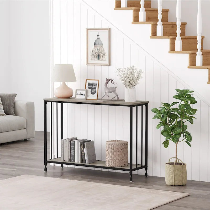 Console de style industriel rétro à 2 niveaux grise/marron/dorée avec structure en métal et étagère en bois
