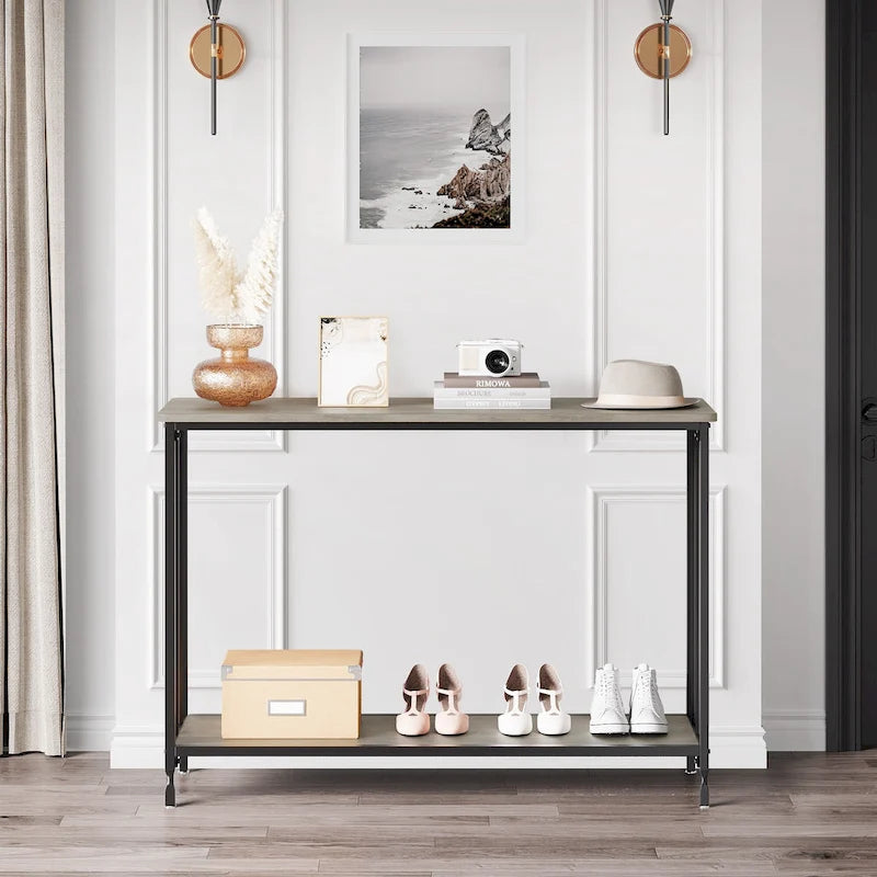 Console de style industriel rétro à 2 niveaux grise/marron/dorée avec structure en métal et étagère en bois
