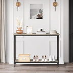 Console de style industriel rétro à 2 niveaux grise/marron/dorée avec structure en métal et étagère en bois