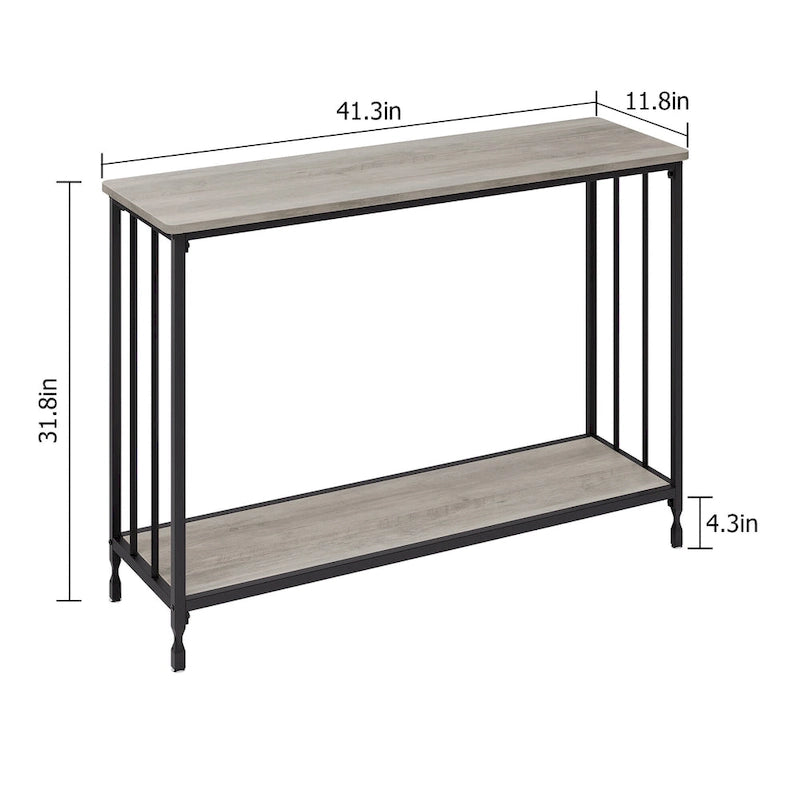 Console de style industriel rétro à 2 niveaux grise/marron/dorée avec structure en métal et étagère en bois