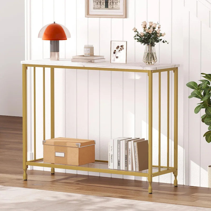 Console de style industriel rétro à 2 niveaux grise/marron/dorée avec structure en métal et étagère en bois