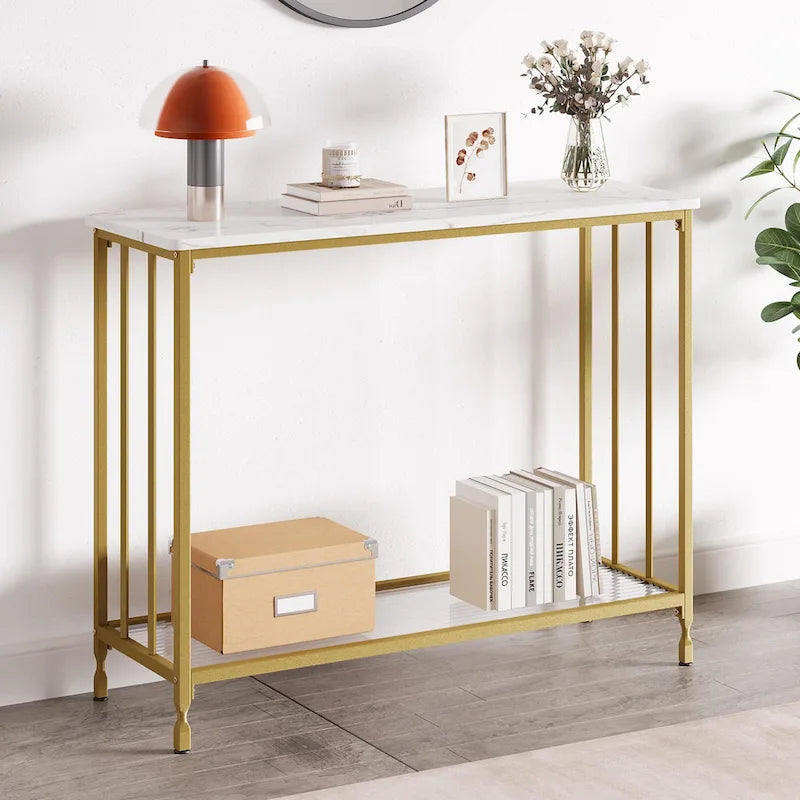 Console de style industriel rétro à 2 niveaux grise/marron/dorée avec structure en métal et étagère en bois