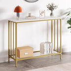 Console de style industriel rétro à 2 niveaux grise/marron/dorée avec structure en métal et étagère en bois