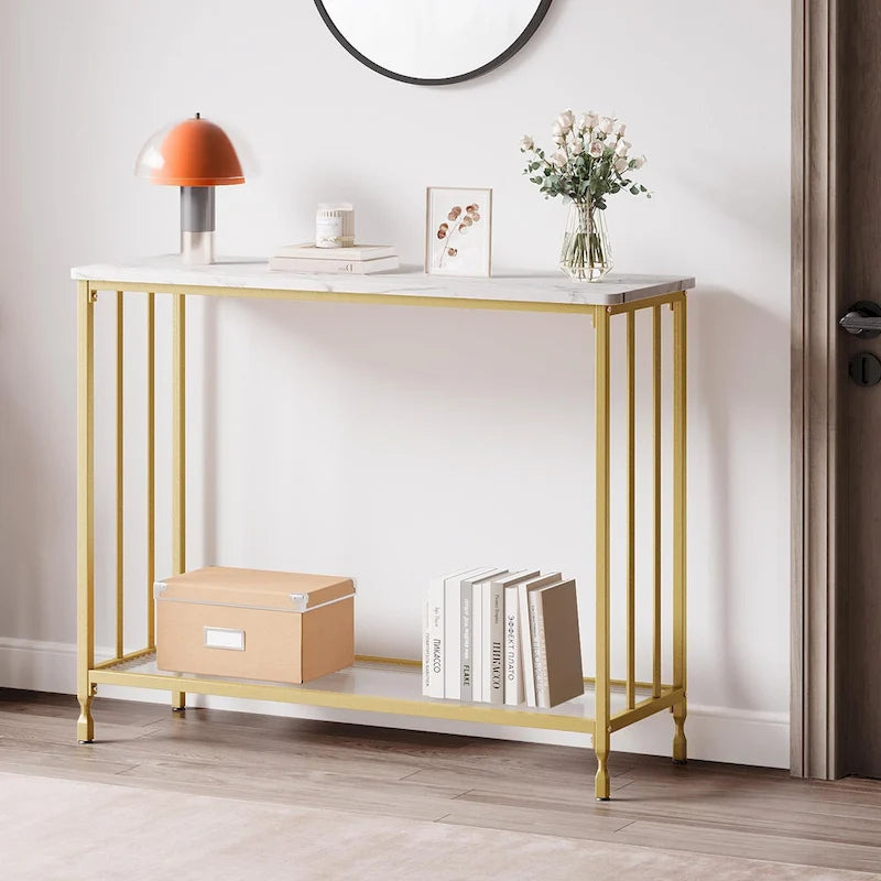 Console de style industriel rétro à 2 niveaux grise/marron/dorée avec structure en métal et étagère en bois