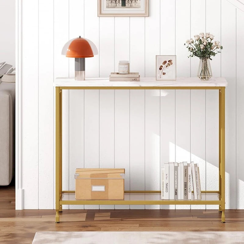 Console de style industriel rétro à 2 niveaux grise/marron/dorée avec structure en métal et étagère en bois
