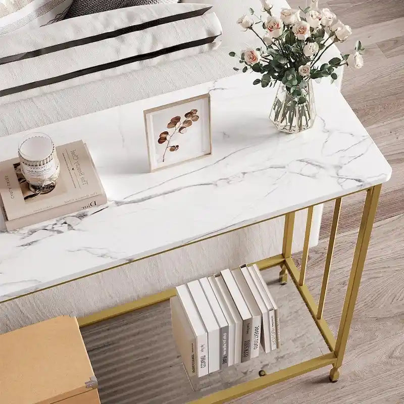 Console de style industriel rétro à 2 niveaux grise/marron/dorée avec structure en métal et étagère en bois