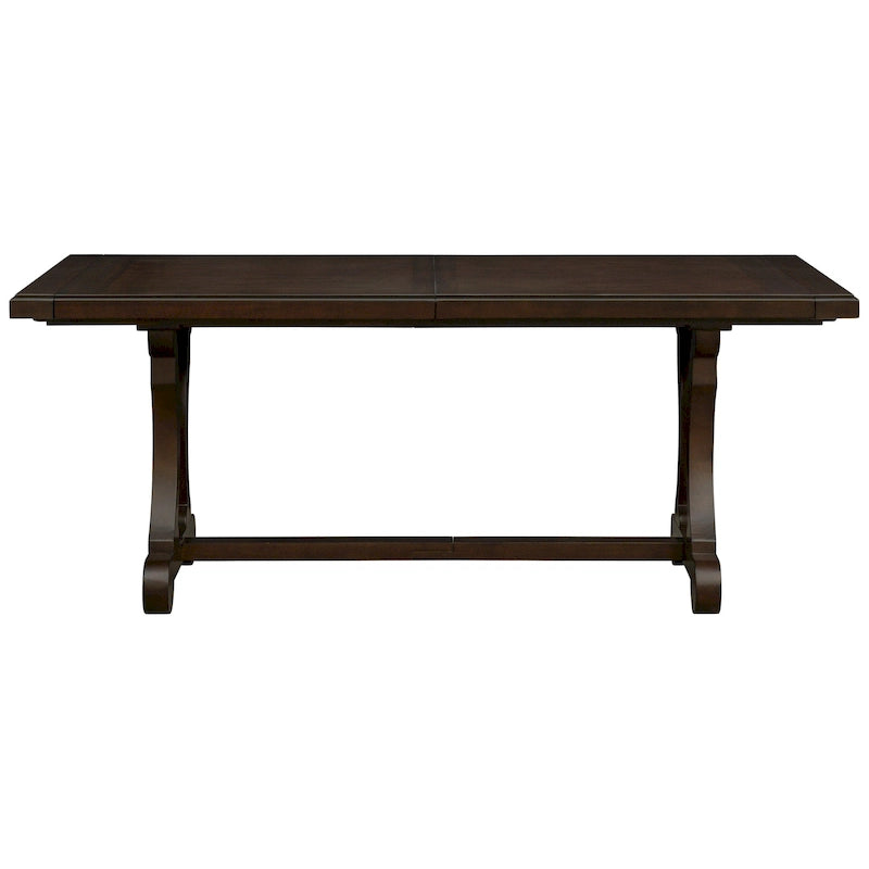 Table de salle à manger à rallonge avec piètement à tréteaux traditionnel, marron, plateau à lames transversales, pour 6 à 8 personnes