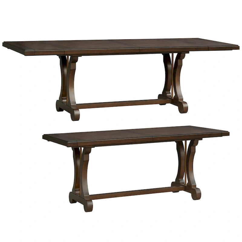 Table de salle à manger à rallonge avec piètement à tréteaux traditionnel, marron, plateau à lames transversales, pour 6 à 8 personnes