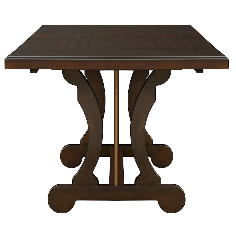 Table de salle à manger à rallonge avec piètement à tréteaux traditionnel, marron, plateau à lames transversales, pour 6 à 8 personnes