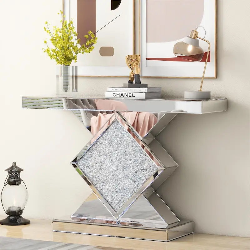 Console moderne en argent avec piédestal incrusté de cristaux de diamants concassés