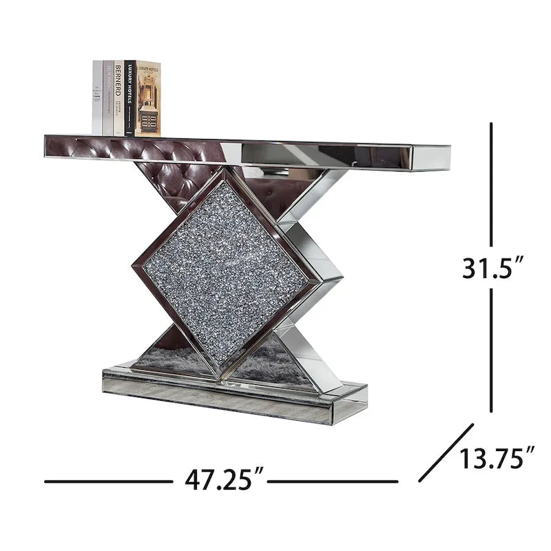 Console moderne en argent avec piédestal incrusté de cristaux de diamants concassés