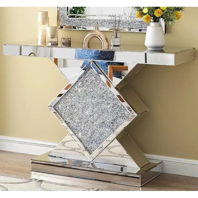 Console moderne en argent avec piédestal incrusté de cristaux de diamants concassés