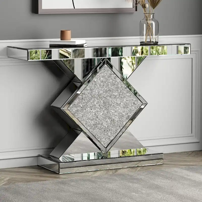 Console moderne en argent avec piédestal incrusté de cristaux de diamants concassés