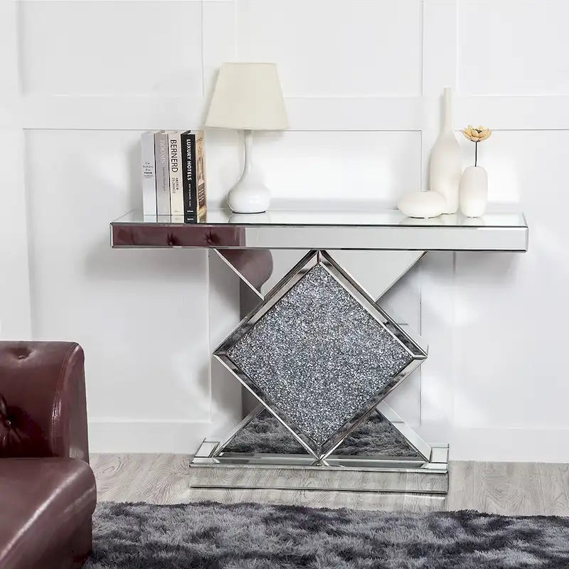 Console moderne en argent avec piédestal incrusté de cristaux de diamants concassés