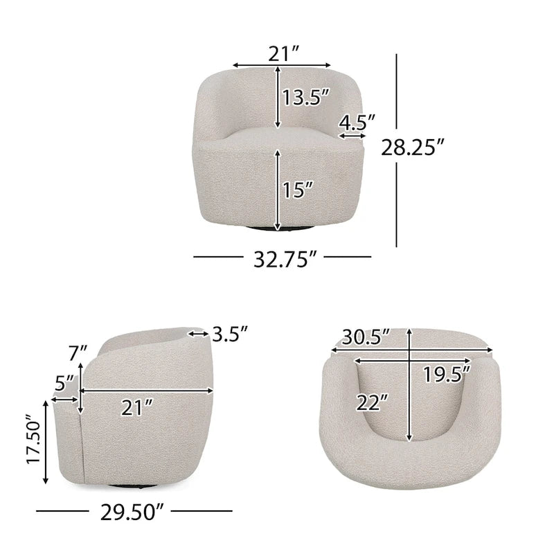 Fauteuil pivotant club en tissu bouclé blanc / beige / noir avec piètement en fer, une place
