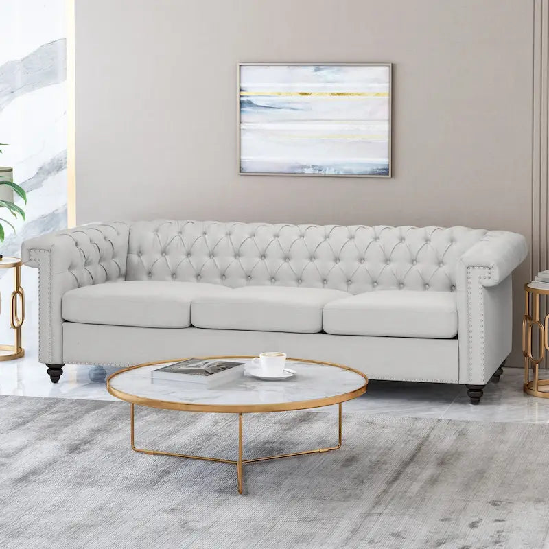 Canapé Chesterfield 3 places capitonné gris galet et marron foncé
