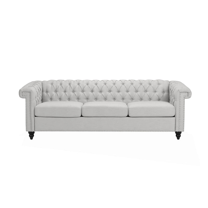 Canapé Chesterfield 3 places capitonné gris galet et marron foncé