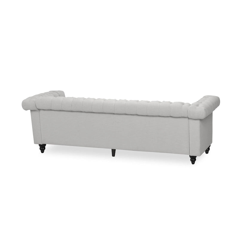 Canapé Chesterfield 3 places capitonné gris galet et marron foncé