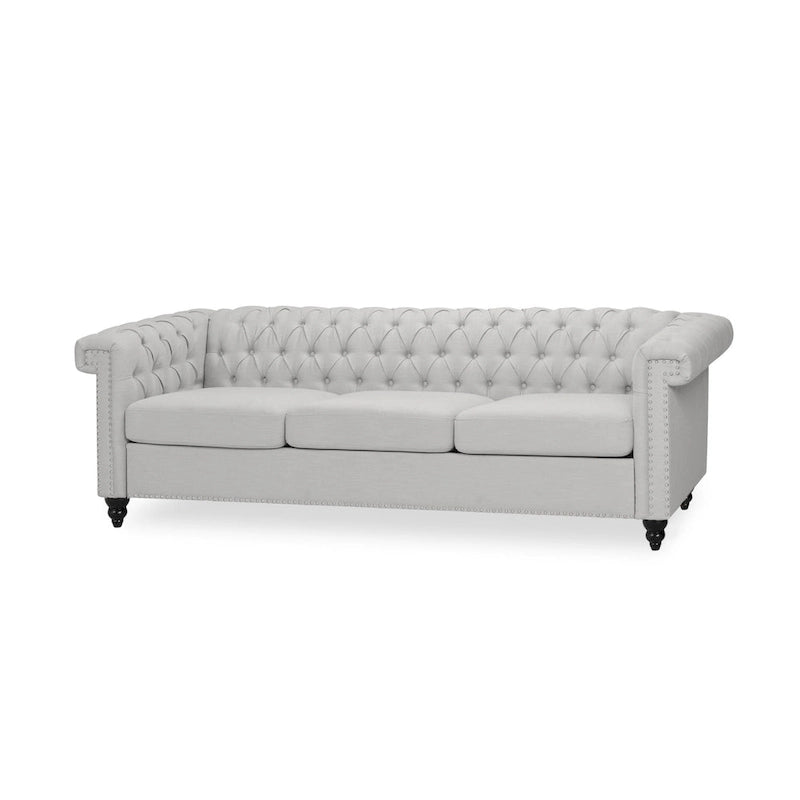 Canapé Chesterfield 3 places capitonné gris galet et marron foncé