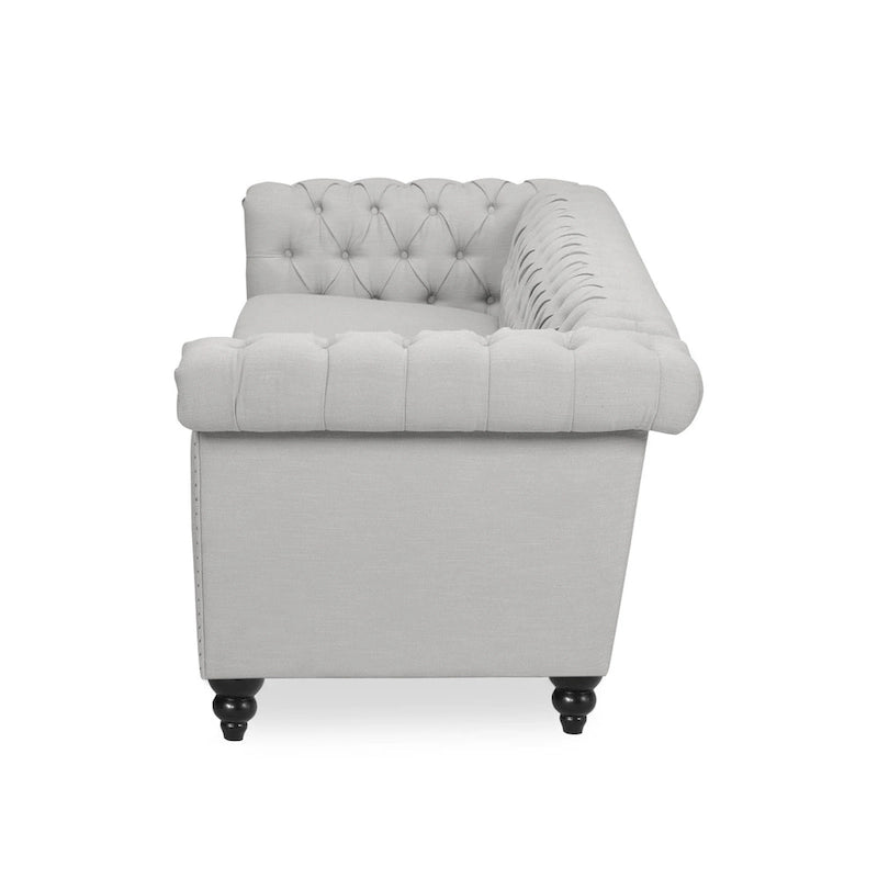 Canapé Chesterfield 3 places capitonné gris galet et marron foncé
