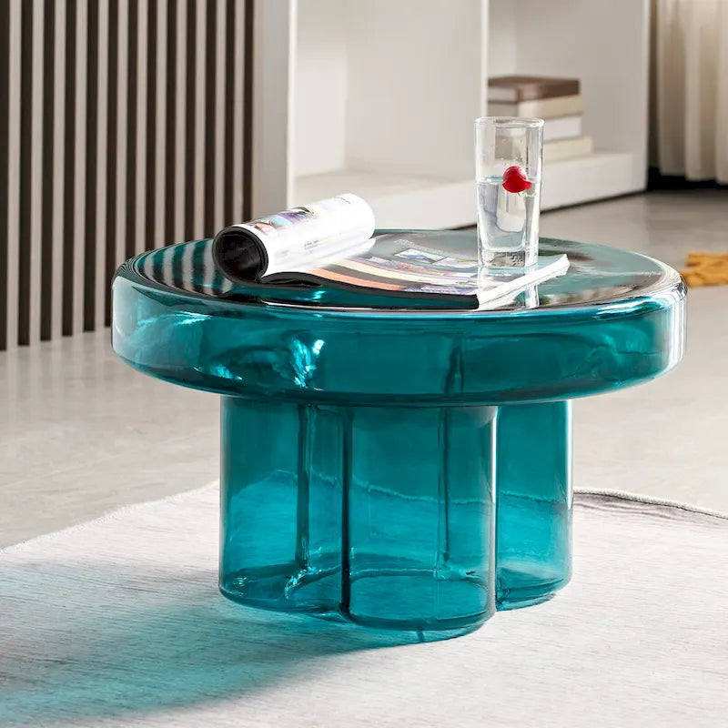 Table basse ronde en verre soufflé à la main, de forme florale moderne, Ambre / Verte / Violette / Turquoise