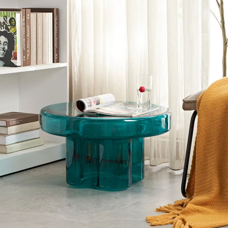 Table basse ronde en verre soufflé à la main, de forme florale moderne, Ambre / Verte / Violette / Turquoise